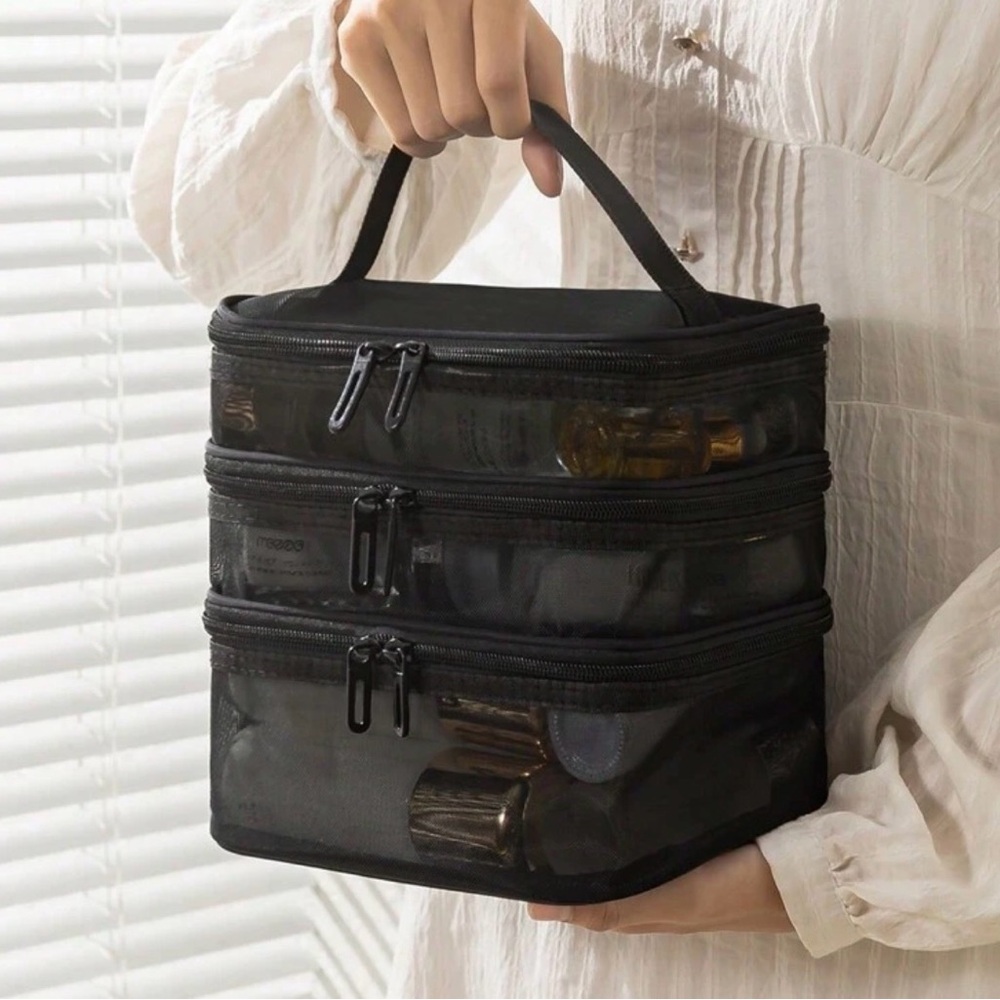 Black Triple-Compartment Mesh Cosmetic Bag